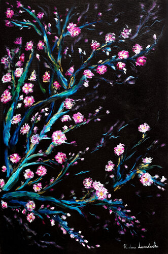 Cherry blossoms in black di Ruslana Levandovska, Pittura in vendita su Singulart