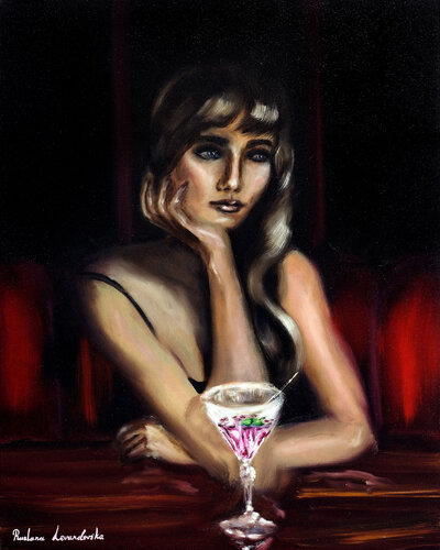Woman with a Pink Cocktail di Ruslana Levandovska, Pittura in vendita su Singulart