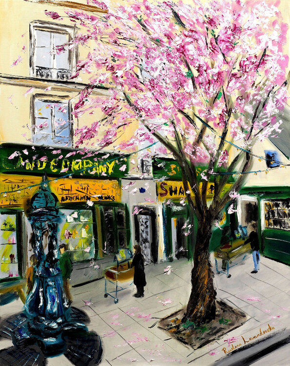 Cherry Blossoms at Shakespeare and Co, Paris - with gold embellishment Ruslana Levandovska