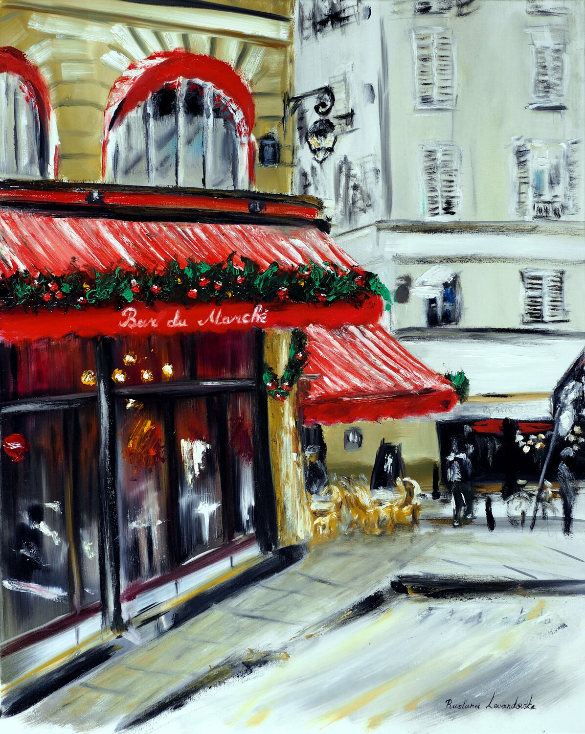 Christmas at Bar Marche, Paris Ruslana Levandovska Originalgemälde zu verkaufen