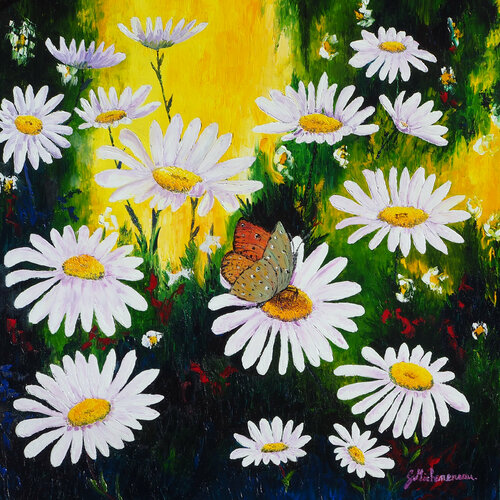 Farandole de marguerites- Huile au couteau di Gyslaine Pachet Micheneau, Pittura in vendita su Singulart