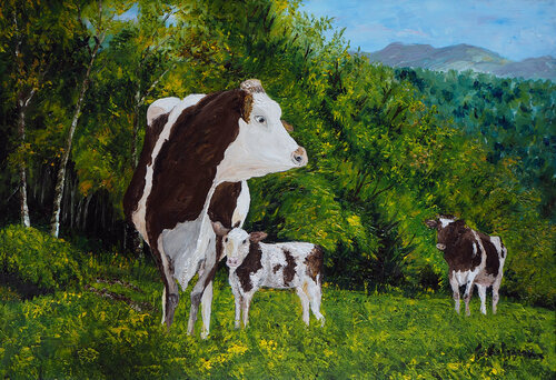 Vache normande et son veau- Huile au couteau von Gyslaine Pachet Micheneau, Malerei kaufen auf Singulart