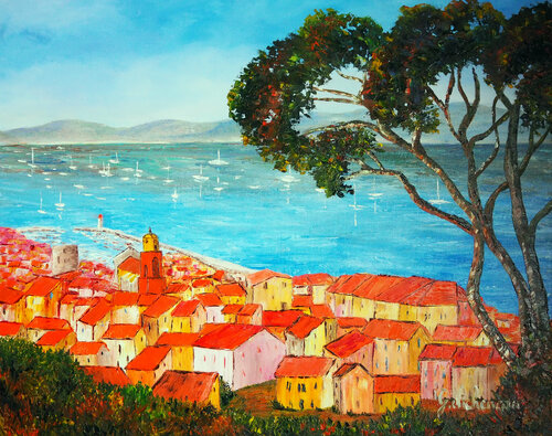Saint Tropez- Huile au couteau par Gyslaine Pachet Micheneau, Peinture en vente sur Singulart
