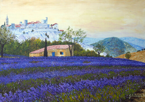 Lavande en fleurs- Huile au couteau von Gyslaine Pachet Micheneau, Malerei kaufen auf Singulart