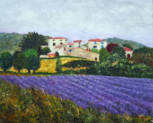 Champ de lavandes- Huile au couteau di Gyslaine Pachet Micheneau, Pittura in vendita su Singulart