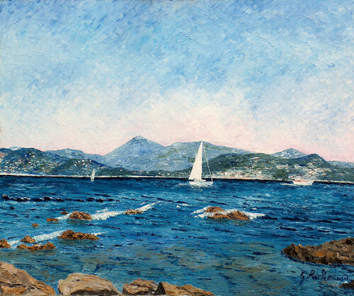 Bleu marine- Huile au couteau von Gyslaine Pachet Micheneau, Malerei kaufen auf Singulart