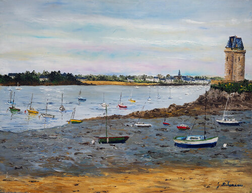 Plage de Saint Malo- Tour Solidor à Saint Malo van Gyslaine Pachet Micheneau, Schilderij te koop op Singulart