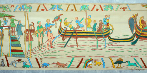 Tapisserie de Bayeux revue n2-  Huile sur toile de Gyslaine Pachet Micheneau, Pintura a la venta en Singulart