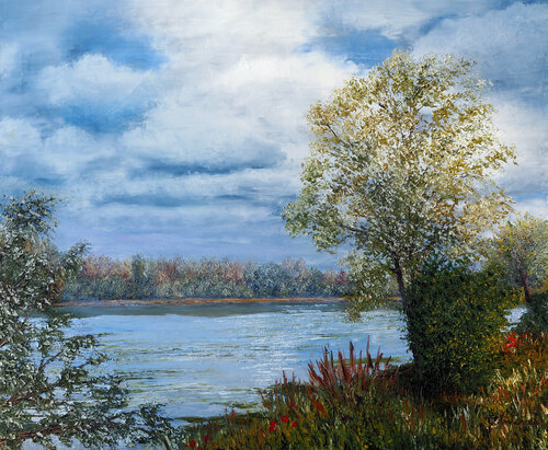 Saule blanc en bord de Loire Huile au couteau di Gyslaine Pachet Micheneau, Pittura in vendita su Singulart