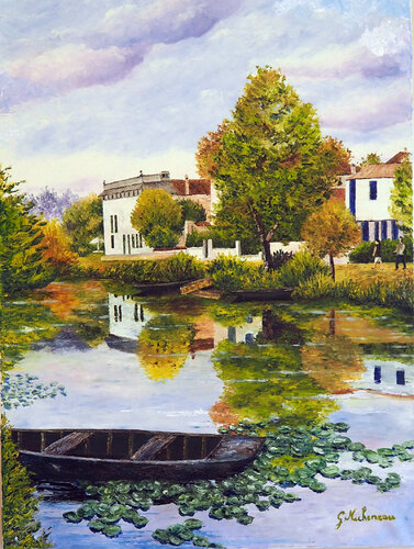Barque à Magné (Marais Poitevin) par Gyslaine Pachet Micheneau, Peinture en vente sur Singulart