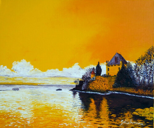 Yvoire- Lac Leman- Huile au couteau von Gyslaine Pachet Micheneau, Malerei kaufen auf Singulart