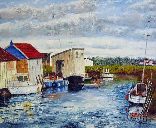 Bateaux amarrés- Huile sur toile van Gyslaine Pachet Micheneau, Schilderij te koop op Singulart