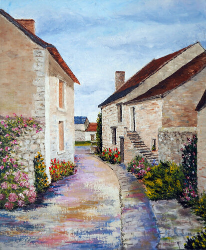Rue de Crissay sur Manse- Huile sur toile par Gyslaine Pachet Micheneau, Peinture en vente sur Singulart