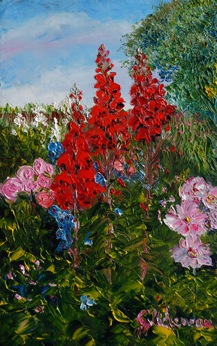 Lupins- Huile au couteau di Gyslaine Pachet Micheneau, Pittura in vendita su Singulart