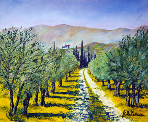 Chemins des Oliviers- Huile au couteau di Gyslaine Pachet Micheneau, Pittura in vendita su Singulart