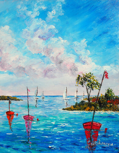 Barques rouge-huile au couteau par Gyslaine Pachet Micheneau, Peinture en vente sur Singulart