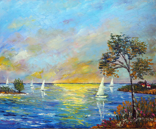 Mer en lumière-huile au couteau par Gyslaine Pachet Micheneau, Peinture en vente sur Singulart