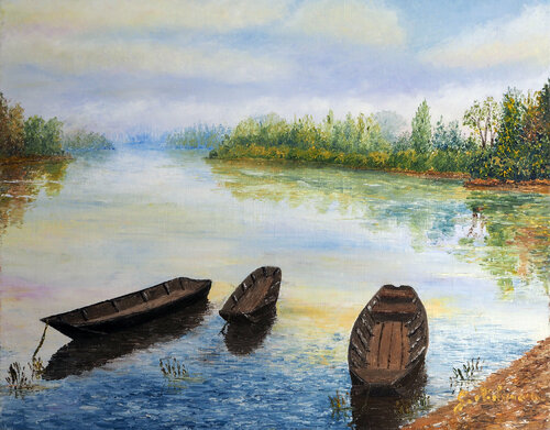 Les 3 barques- Huile au couteau Gyslaine Pachet Micheneau