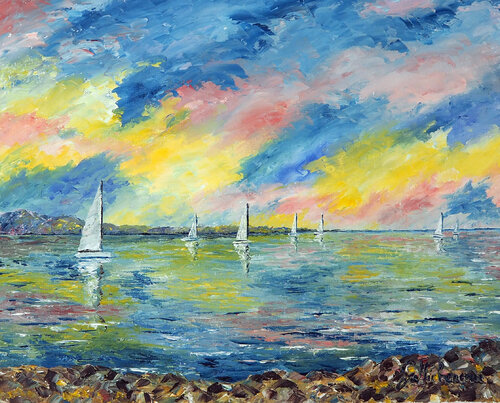 Ambiance colorées- Huile au couteau par Gyslaine Pachet Micheneau, Peinture en vente sur Singulart