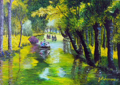 Barque dans le marais Poitevin-  Huile au couteau par Gyslaine Pachet Micheneau, Peinture en vente sur Singulart