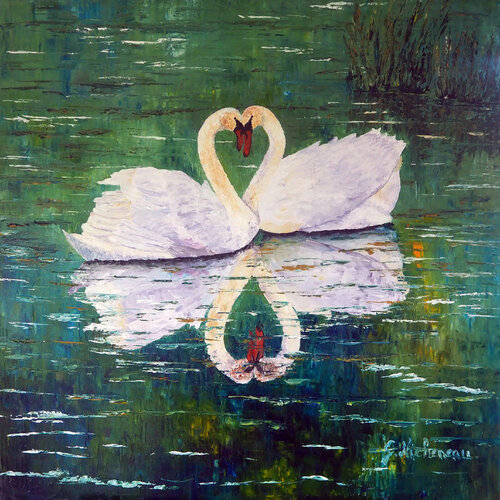 Cygnes de l'amour- Huile au couteau de Gyslaine Pachet Micheneau, Pintura a la venta en Singulart