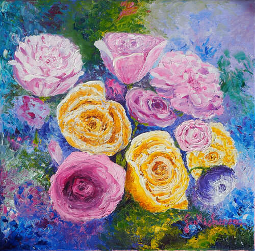 Bouquet de roses- Huile au couteau par Gyslaine Pachet Micheneau, Peinture en vente sur Singulart