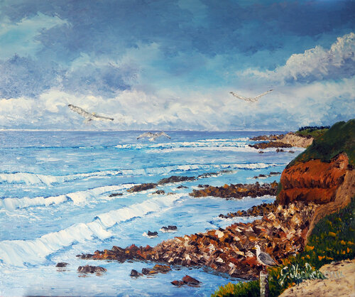 Vol de Goêlans- Huile sur toile par Gyslaine Pachet Micheneau, Peinture en vente sur Singulart