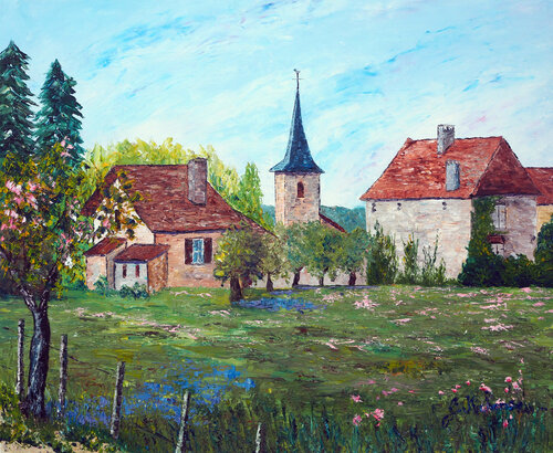 Village d'Abitain- Huile au couteau von Gyslaine Pachet Micheneau, Malerei kaufen auf Singulart