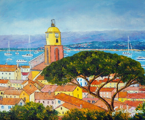 Le pin devant Saint Tropez Huile au couteau di Gyslaine Pachet Micheneau, Pittura in vendita su Singulart