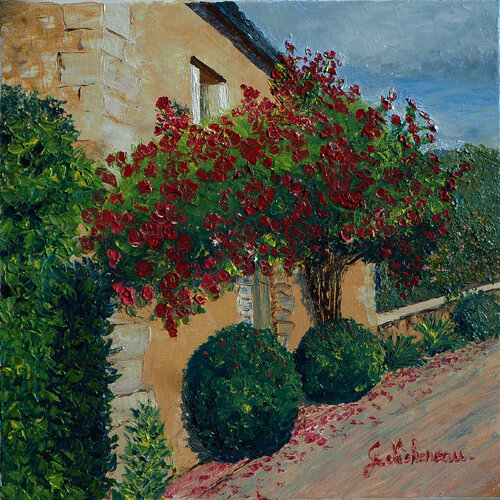 Façade aux rosiers- Huile au couteau par Gyslaine Pachet Micheneau, Peinture en vente sur Singulart