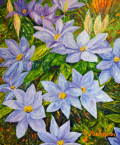 Clématites bleues- Huile au couteau by Gyslaine Pachet Micheneau, Painting for Sale on Singulart