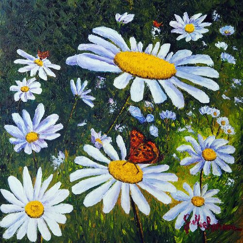 Carré de marguerites- Huile au couteau di Gyslaine Pachet Micheneau, Pittura in vendita su Singulart