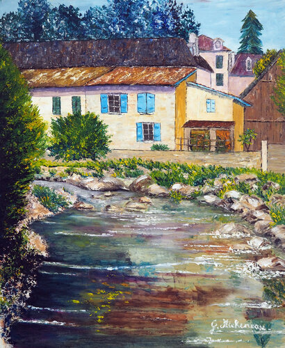 Le Saleys à Salies de Béarn Huile au couteau di Gyslaine Pachet Micheneau, Pittura in vendita su Singulart