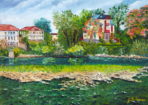 Le Gave à Auterrive- Huile au couteau van Gyslaine Pachet Micheneau, Schilderij te koop op Singulart