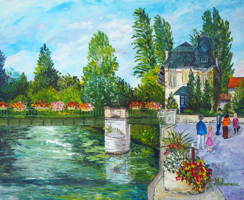 Bord de la Sèvre Niortaise- Huile au couteau von Gyslaine Pachet Micheneau, Malerei kaufen auf Singulart