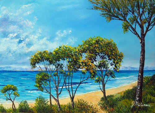 Vers la plage- Huile au couteau di Gyslaine Pachet Micheneau, Pittura in vendita su Singulart
