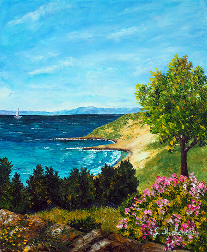 Plage Corse- Huile au couteau van Gyslaine Pachet Micheneau, Schilderij te koop op Singulart