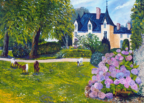 Hortensia au château- Peinture au couteau by Gyslaine Pachet Micheneau, Painting for Sale on Singulart