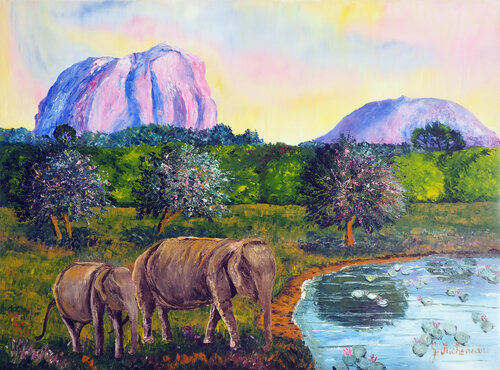 Elephant Rock-(Sry Lanka) Huile sur toile au couteau van Gyslaine Pachet Micheneau, Schilderij te koop op Singulart