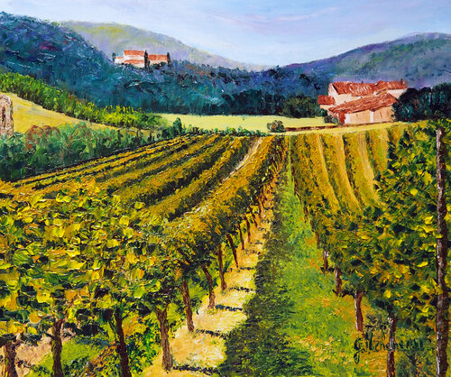 Dans les vignes  Huile au couteau di Gyslaine Pachet Micheneau, Pittura in vendita su Singulart