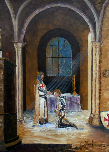 Les chevaliers du temple- Huile au couteau de Gyslaine Pachet Micheneau, Pintura a la venta en Singulart