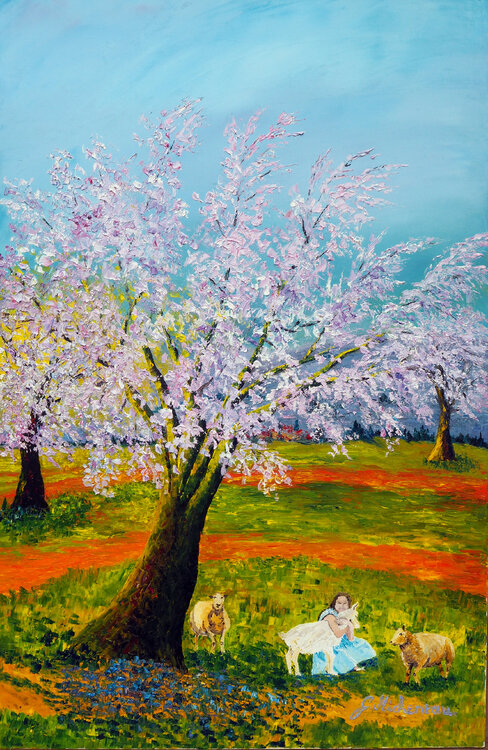 Amandiers en fleurs-Hymne au printemps- Huile au couteau Gyslaine Pachet Micheneau