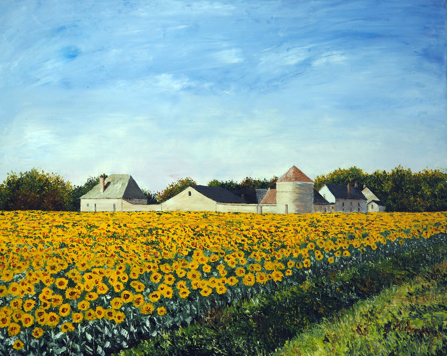 Corps de ferme- Huile au couteau Gyslaine Pachet Micheneau Originalgemälde zu verkaufen