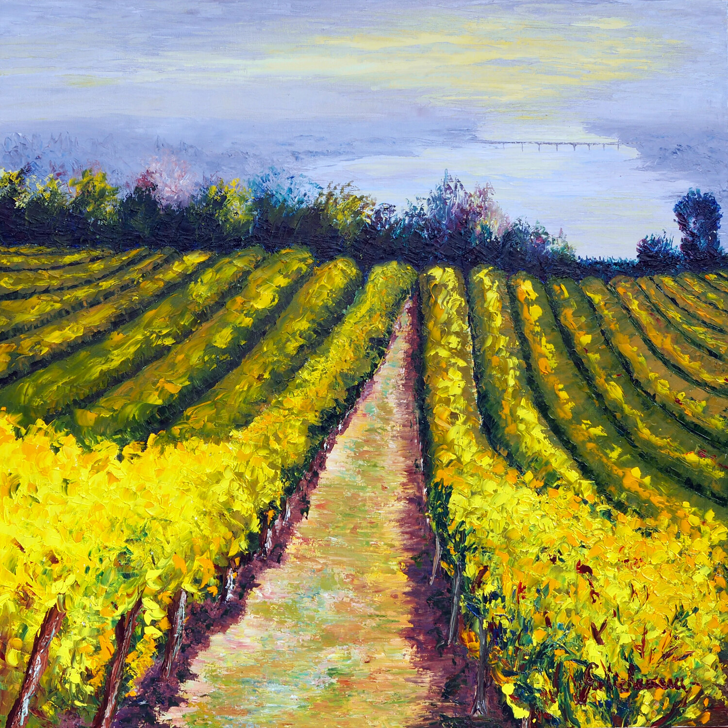 Vignes et fleuve- Huile au couteau Gyslaine Pachet Micheneau Originalgemälde zu verkaufen