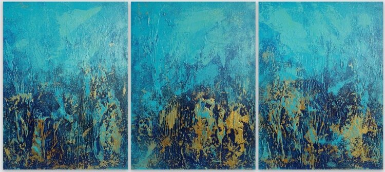Large Blue and Gold Abstract Textured Painting. Modern Art