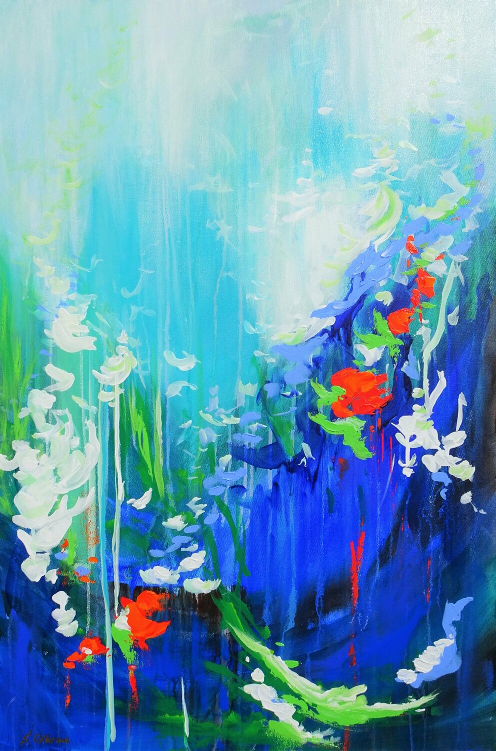 Abstract Flowers Modern Floral Landscape Painting. Blue, Red, Green