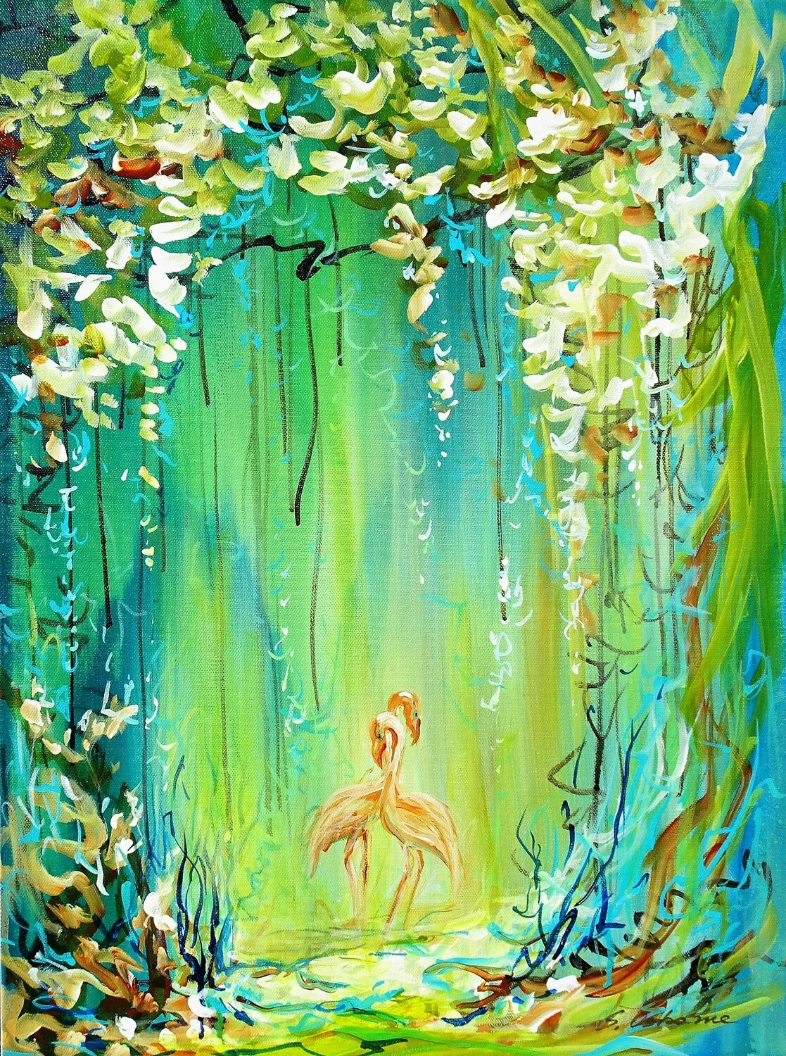 M. Marten, Lights in the Pond　公園　風景画 Framed Watercolour Painting by M. Marten, 