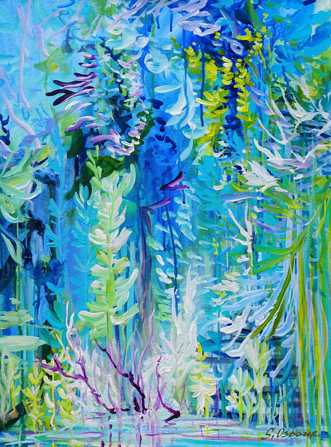 Magic Garden. Abstract Blue Floral Original Painting on Canvas 46x61cm