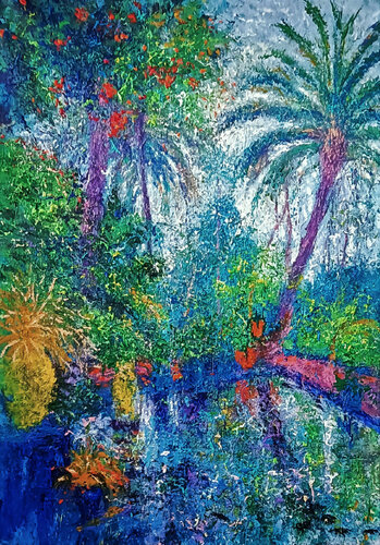 PALM TREES, WATER AND BLUE by Andrés Rueda, Painting for Sale on Singulart