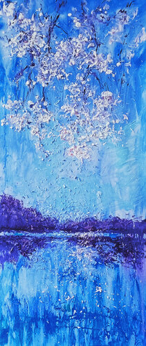 WHITE CHERRY ON BLUE by Andrés Rueda, Painting for Sale on Singulart